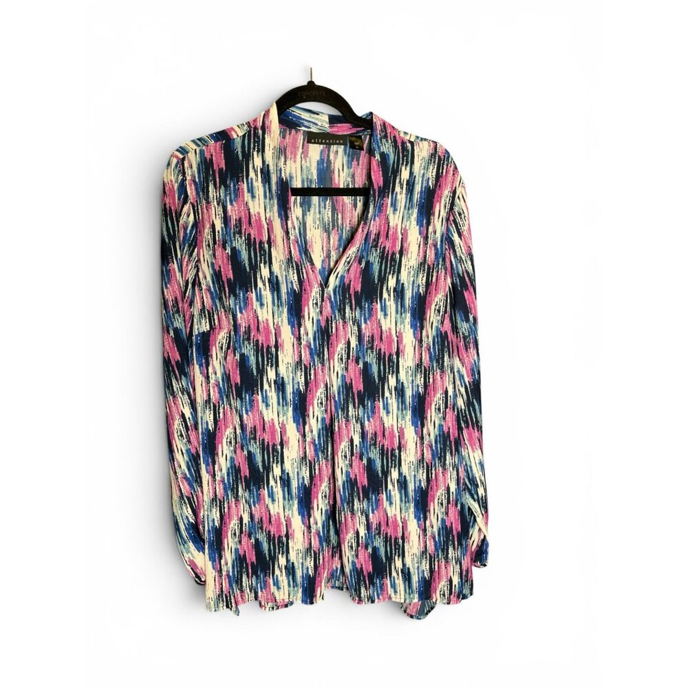 Attention Women’s XL Abstract Brushstroke Blouse Pink Blue Roll Tab Top